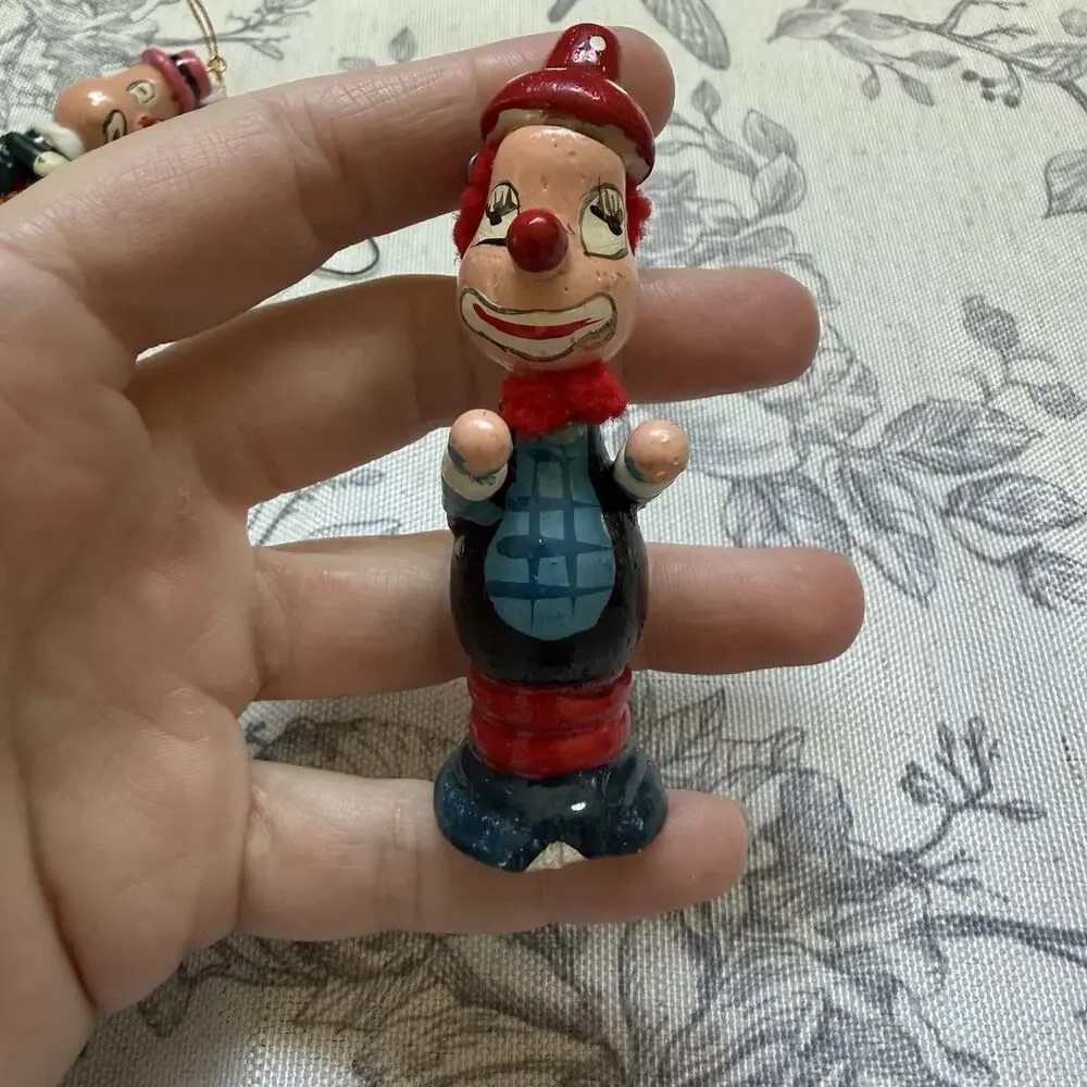 Vintage Clown Christmas Ornaments Retro Kitschy 60s 70s Hand Painted Wooden